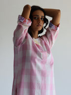 HK Kurta In Pink Jamdani Lungi Checks With Pants