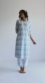 HK Kurta in Blue Jamdani Lungi Checks with Pants