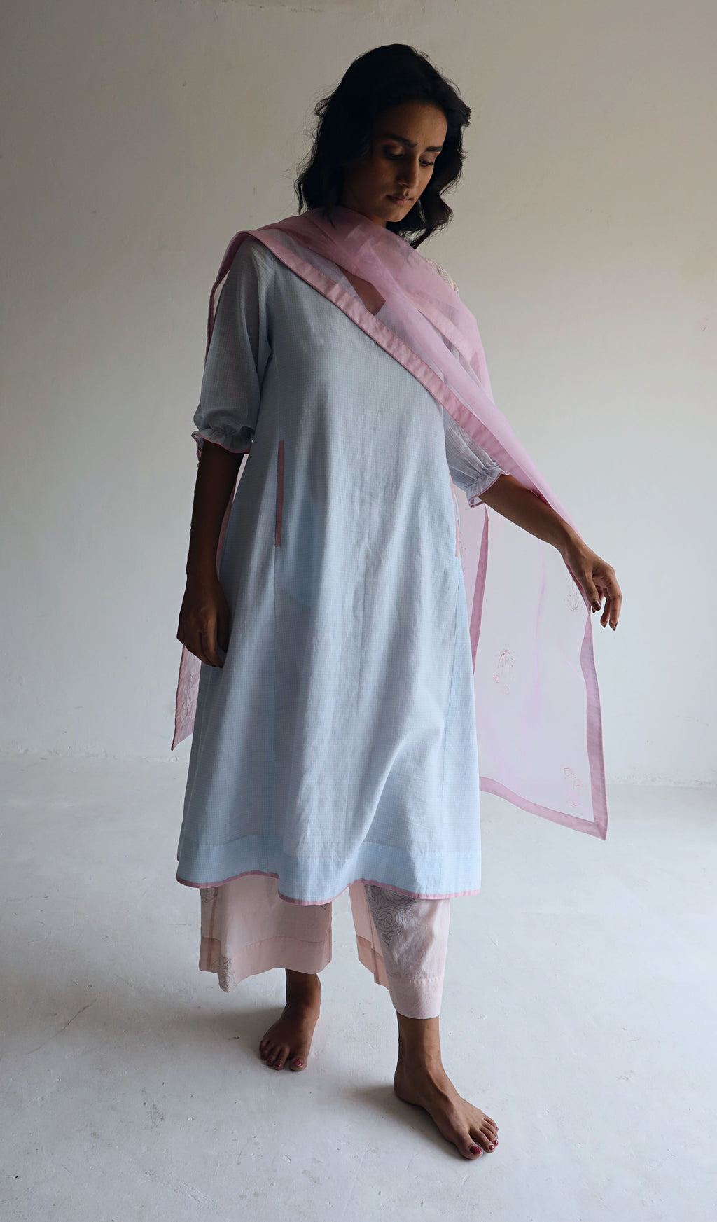 Tannu Kurta in Ice Blue Jamdani Micro Checks with Pants