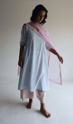 Tannu Kurta in Ice Blue Jamdani Micro Checks with Pants