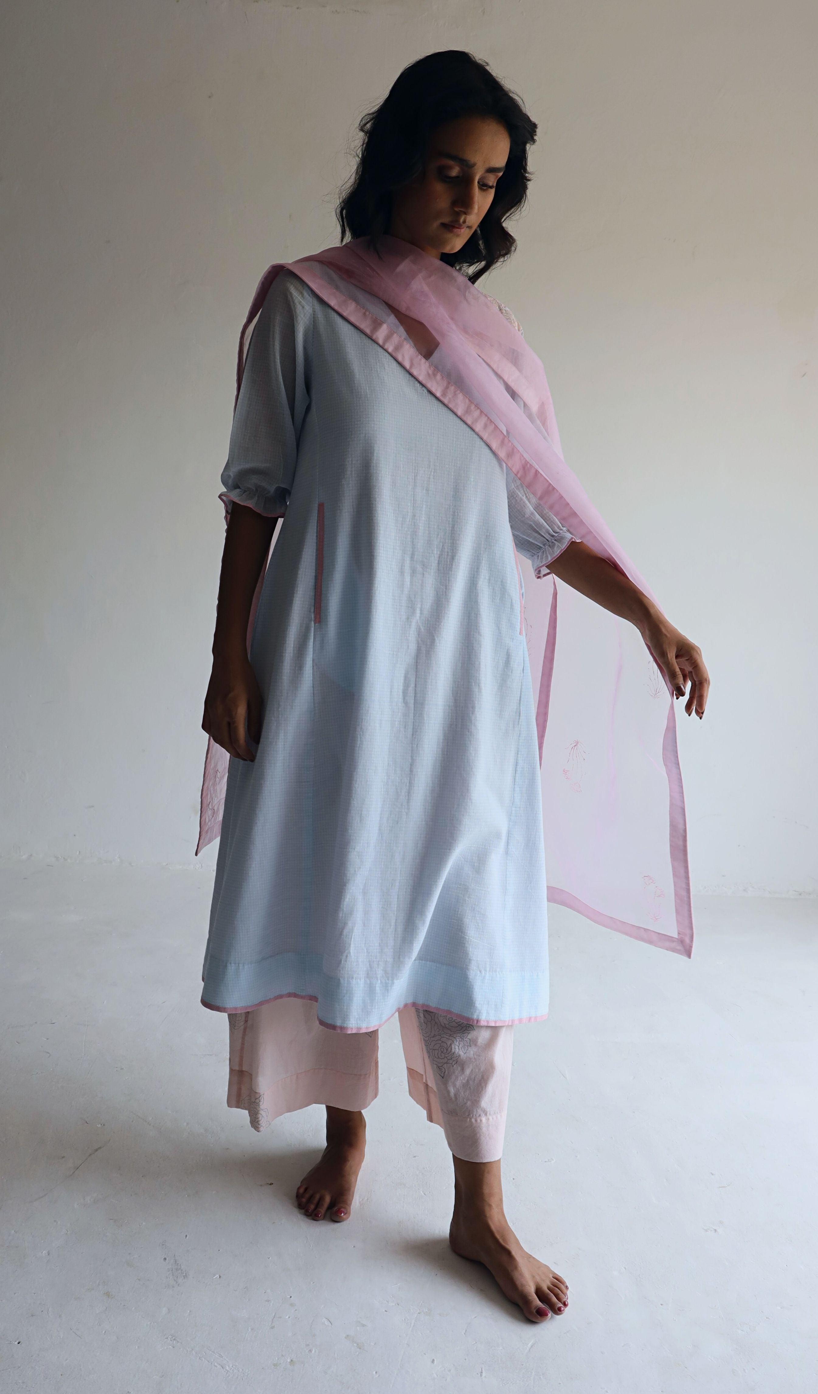 Tannu Kurta in Ice Blue Jamdani Micro Checks with Pants