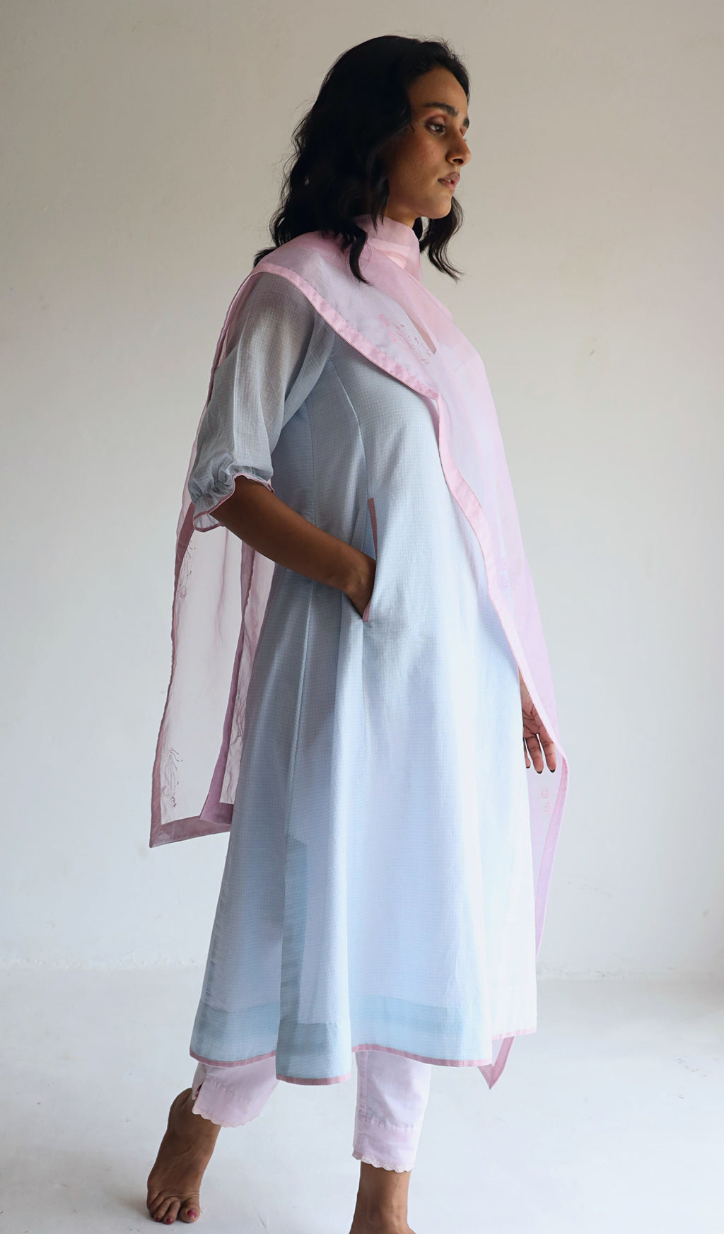 Tannu Kurta in Ice Blue Jamdani Micro Checks with Pants