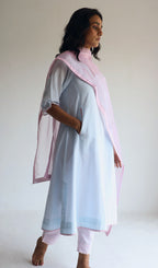 Tannu Kurta in Ice Blue Jamdani Micro Checks with Pants