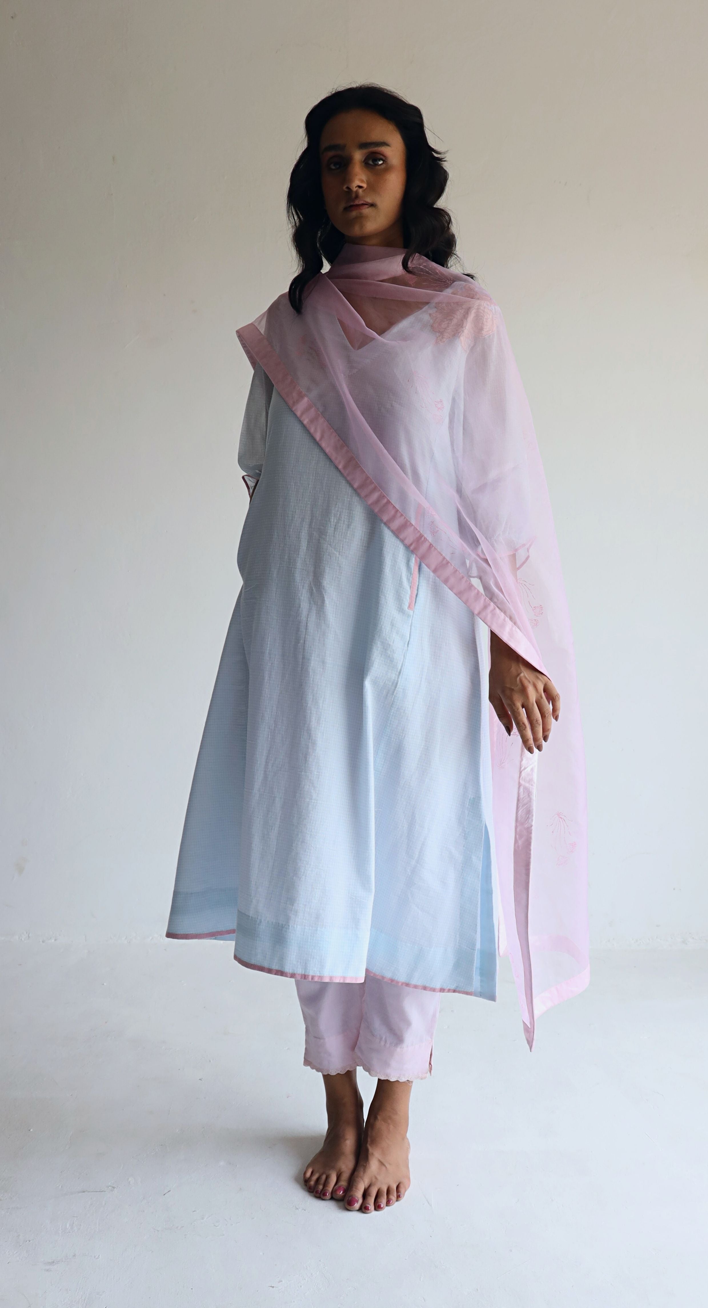 Tannu Kurta in Ice Blue Jamdani Micro Checks with Pants