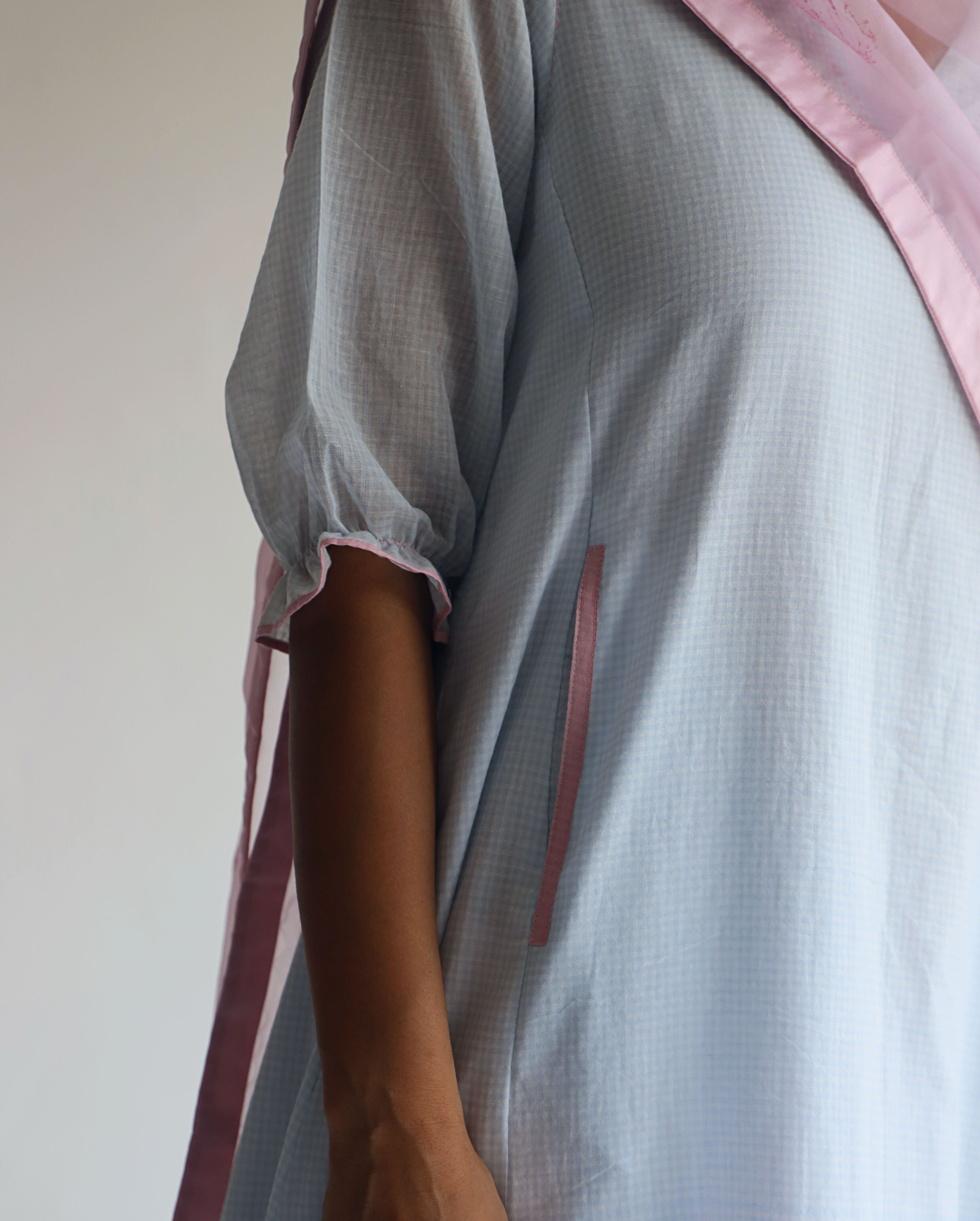 Tannu Kurta in Ice Blue Jamdani Micro Checks with Pants