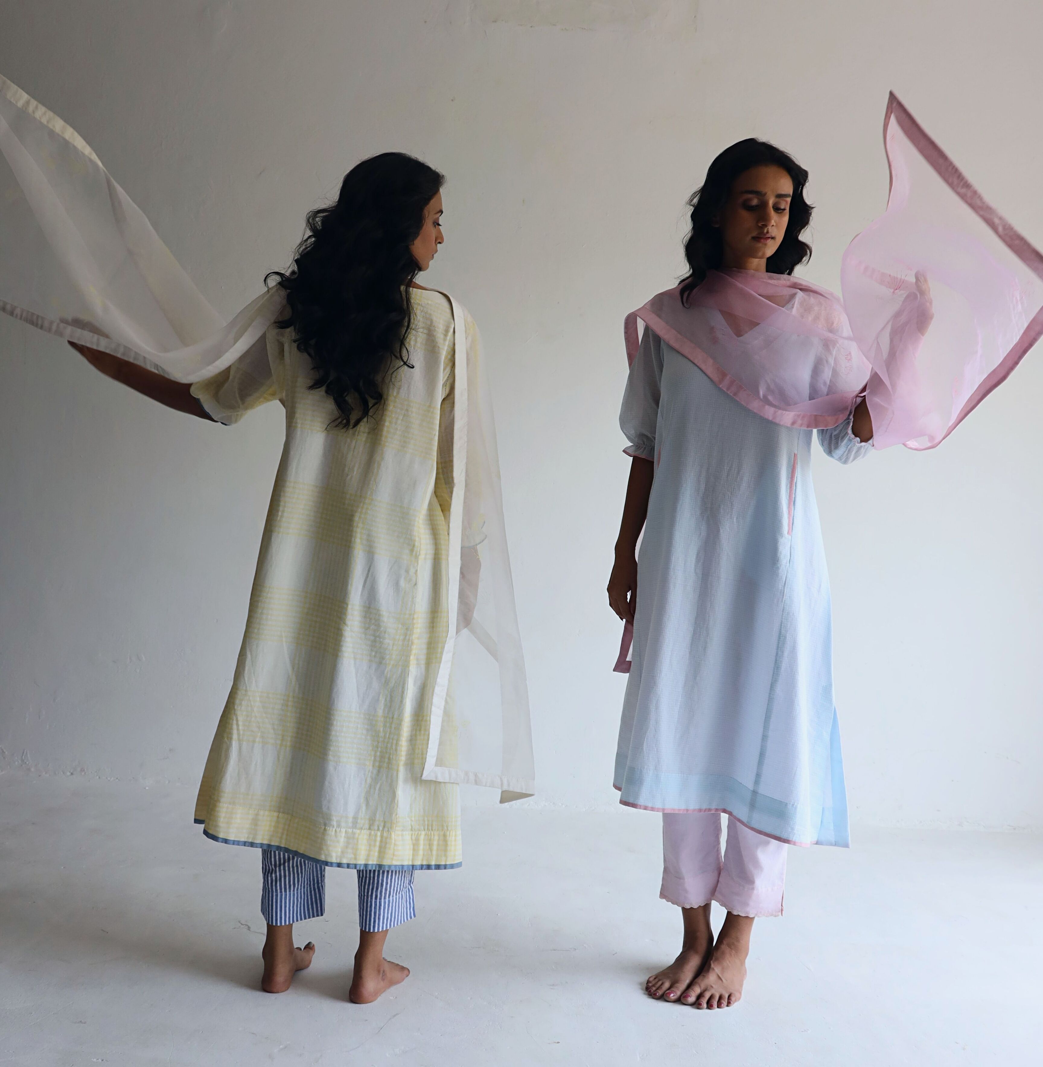 Tannu Kurta in Ice Blue Jamdani Micro Checks with Pants