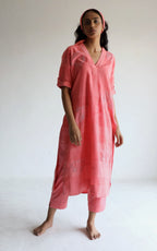 Anu Kurta Patchwork in Watermelon Pink Silk Muslin with Pants
