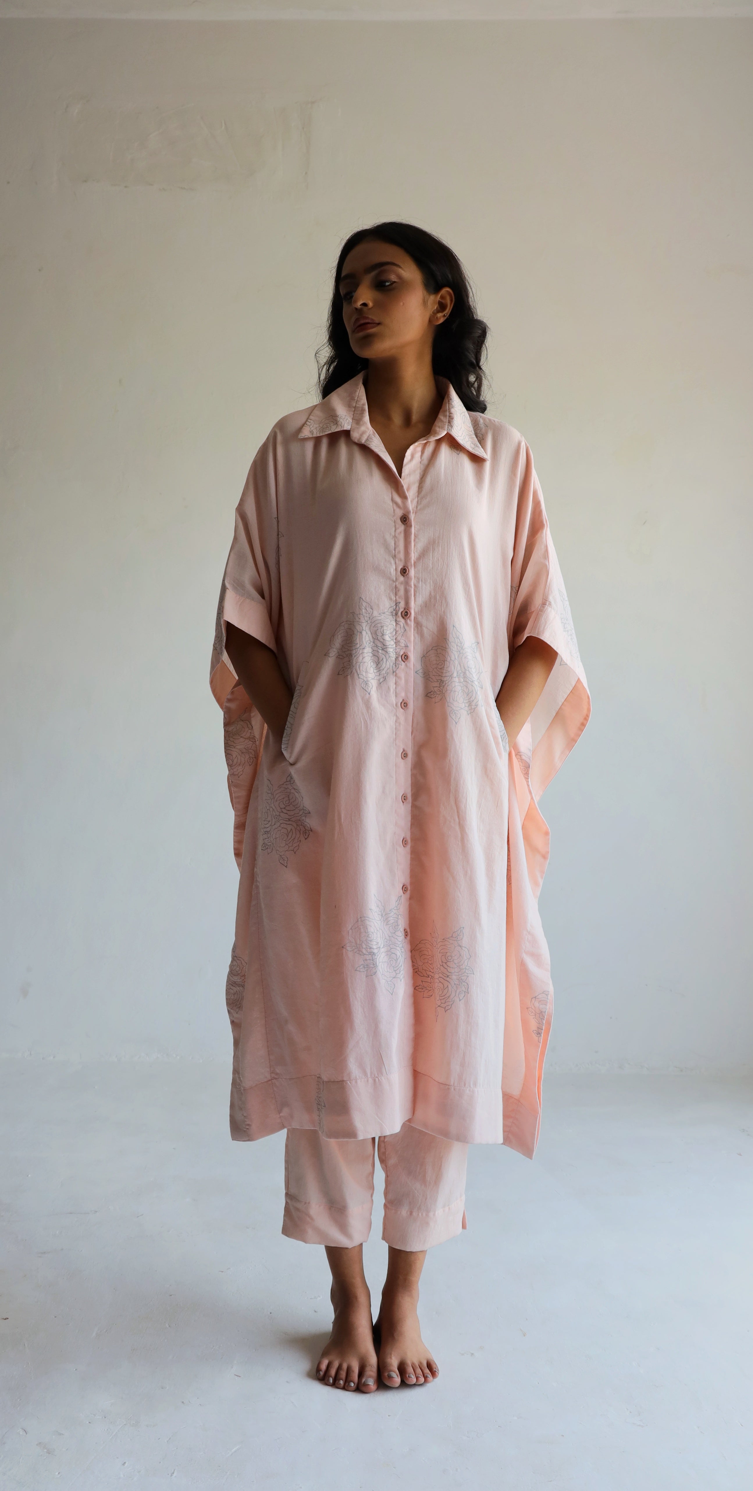 Kaftan Shirt in Gulab Pink Block Print Muslin
