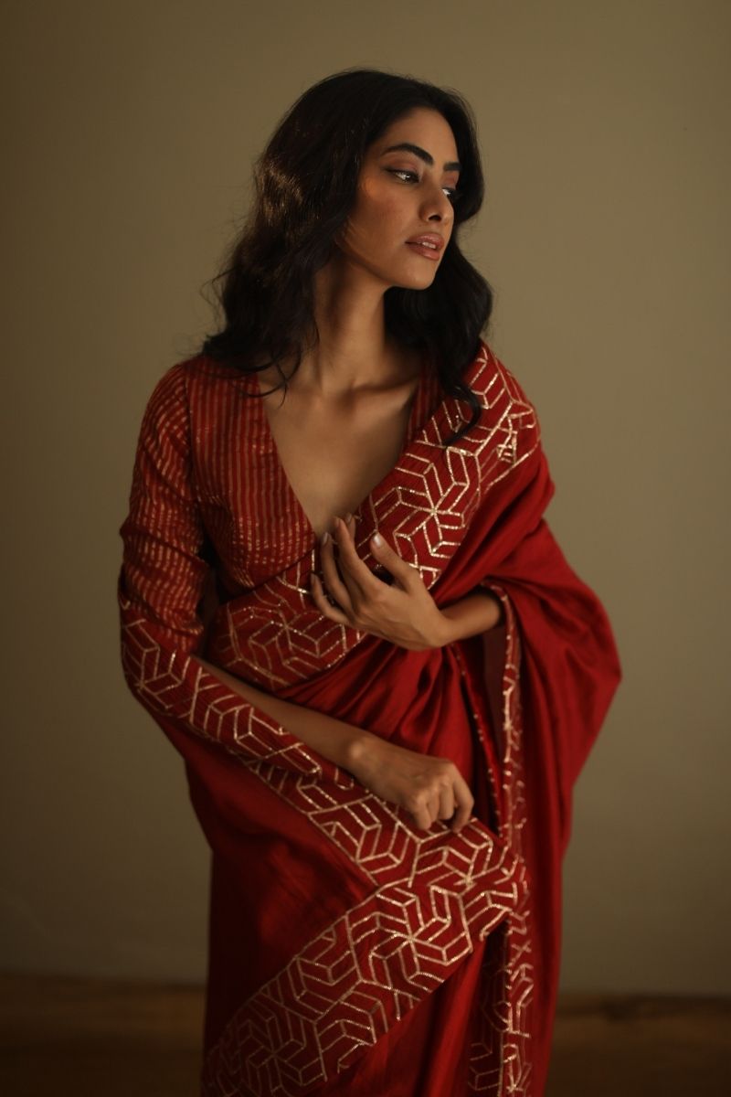 Sari In Red Gota Chanderi
