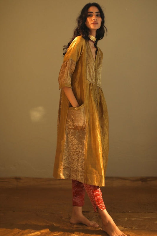 Shama Jacket In Antique Gold Handloom Tissue With Red Chanderi Pant