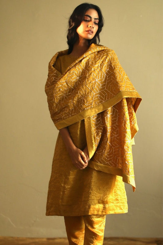 Hk Kurta In Ochre Handloom Chanderi Zari Stripes With Pant