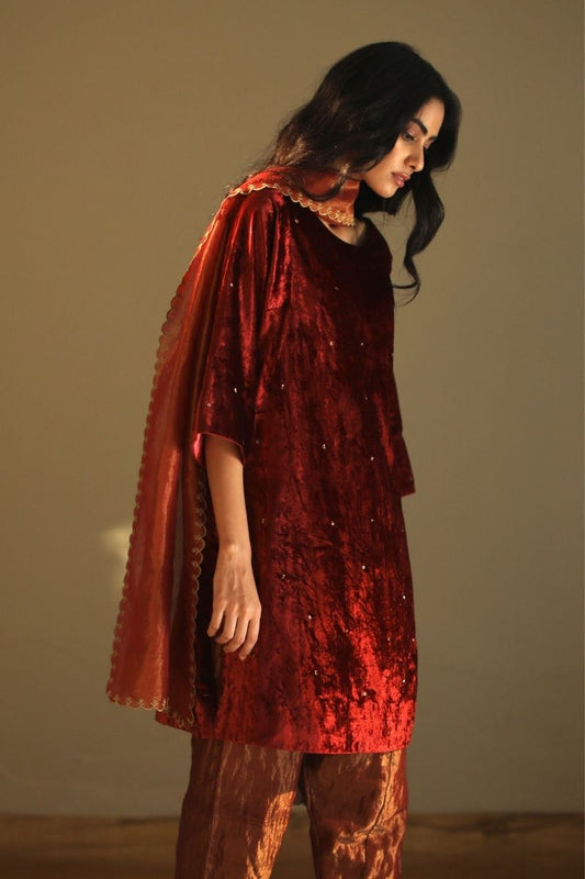 Kimono Sleeves Kurta In Rust Red Velvet With Salwar
