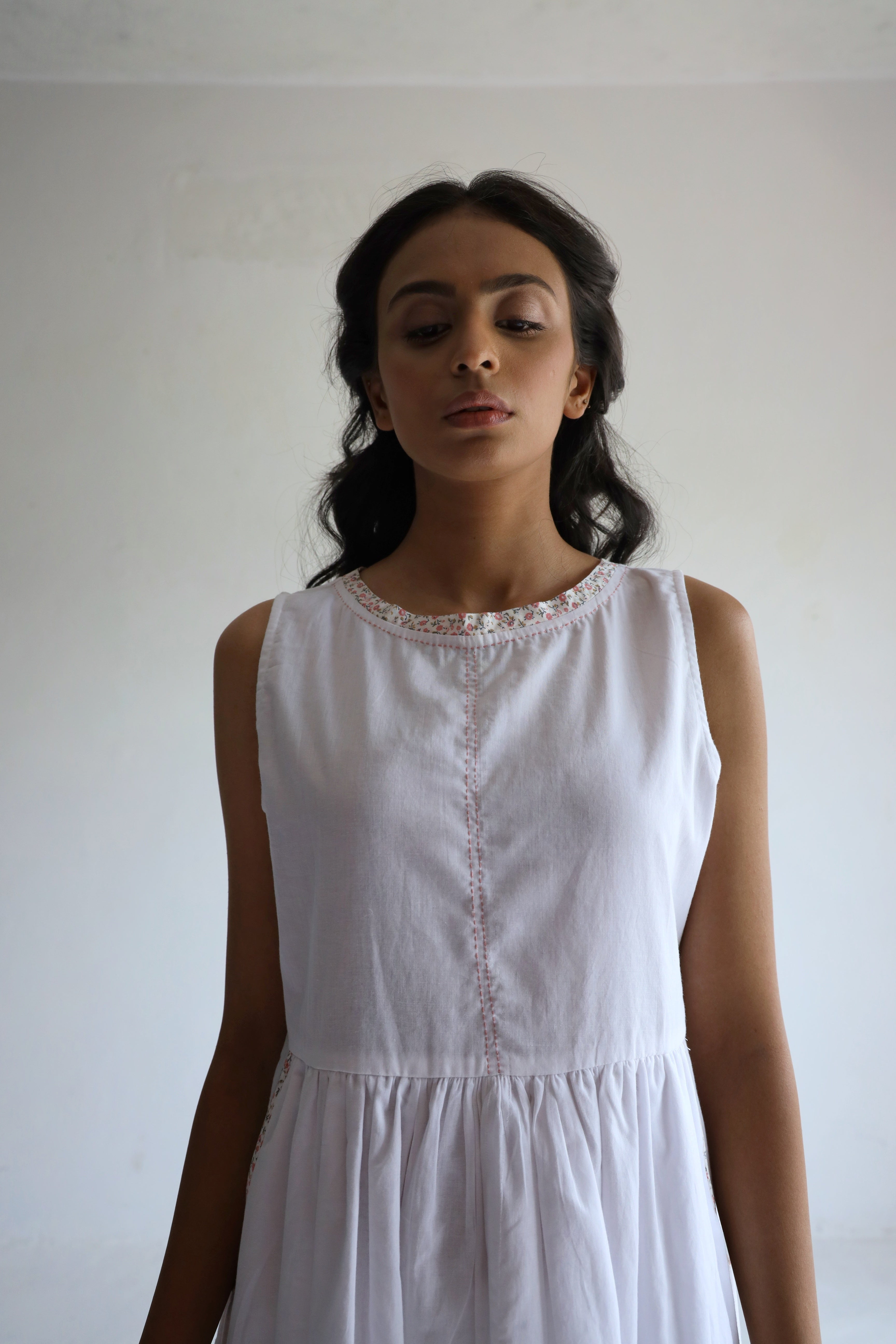 Sleeveless Ana Dress in White Bengal Handloom