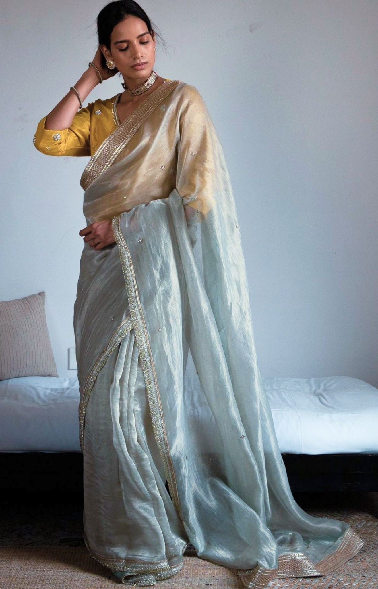 Saree hand embroidered in Pale Blue Handwoven Chanderi silk &  Tissue pin stripes