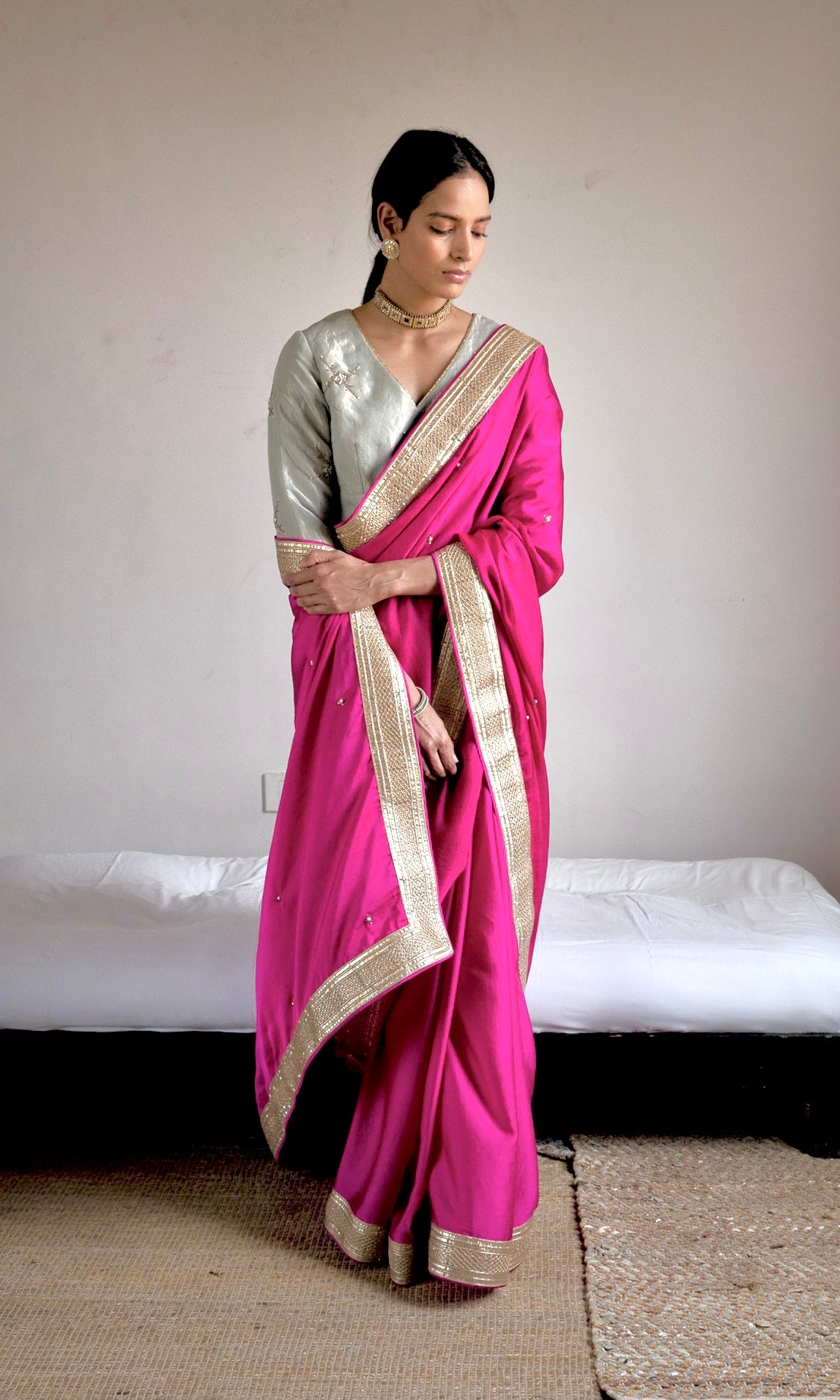 Saree hand embroidered in Hot Pink Silk Satin