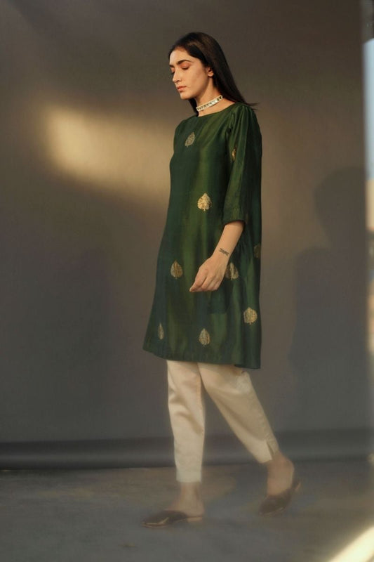 Hk Kurta In Olive Benarasi Silk With Beige Chanderi Pant