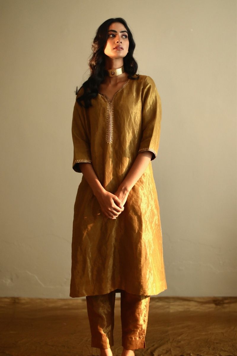 Saifi Kurta In Antique Gold Handloom Tissue With Pant