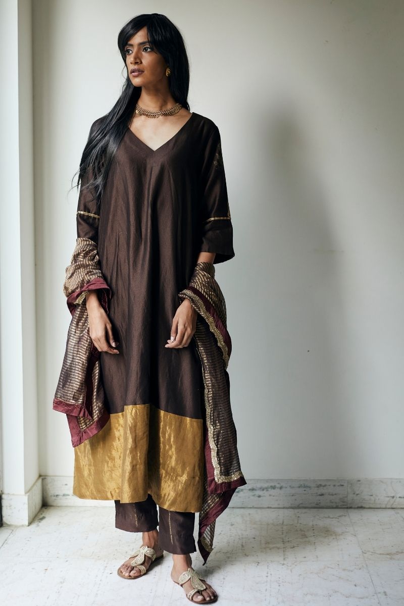 HL Kurta In Bark Brown Chanderi With Pants