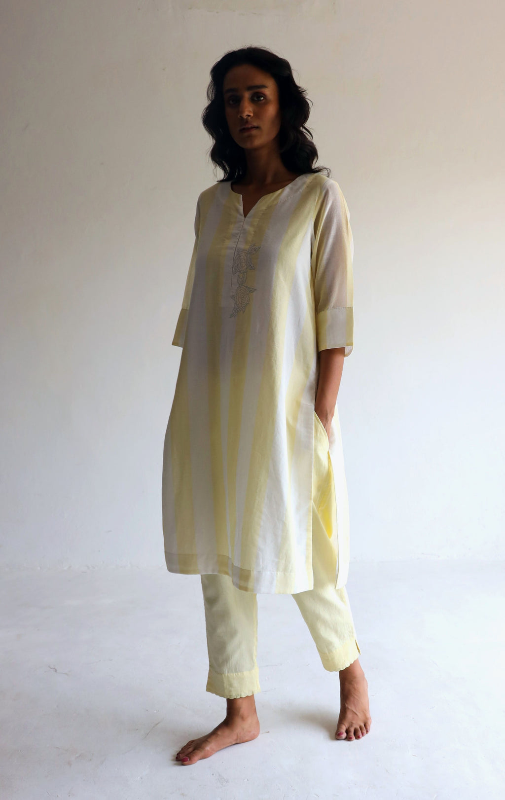 Saifi Kurta in Kesar Yellow Jamdani stripes with Pants
