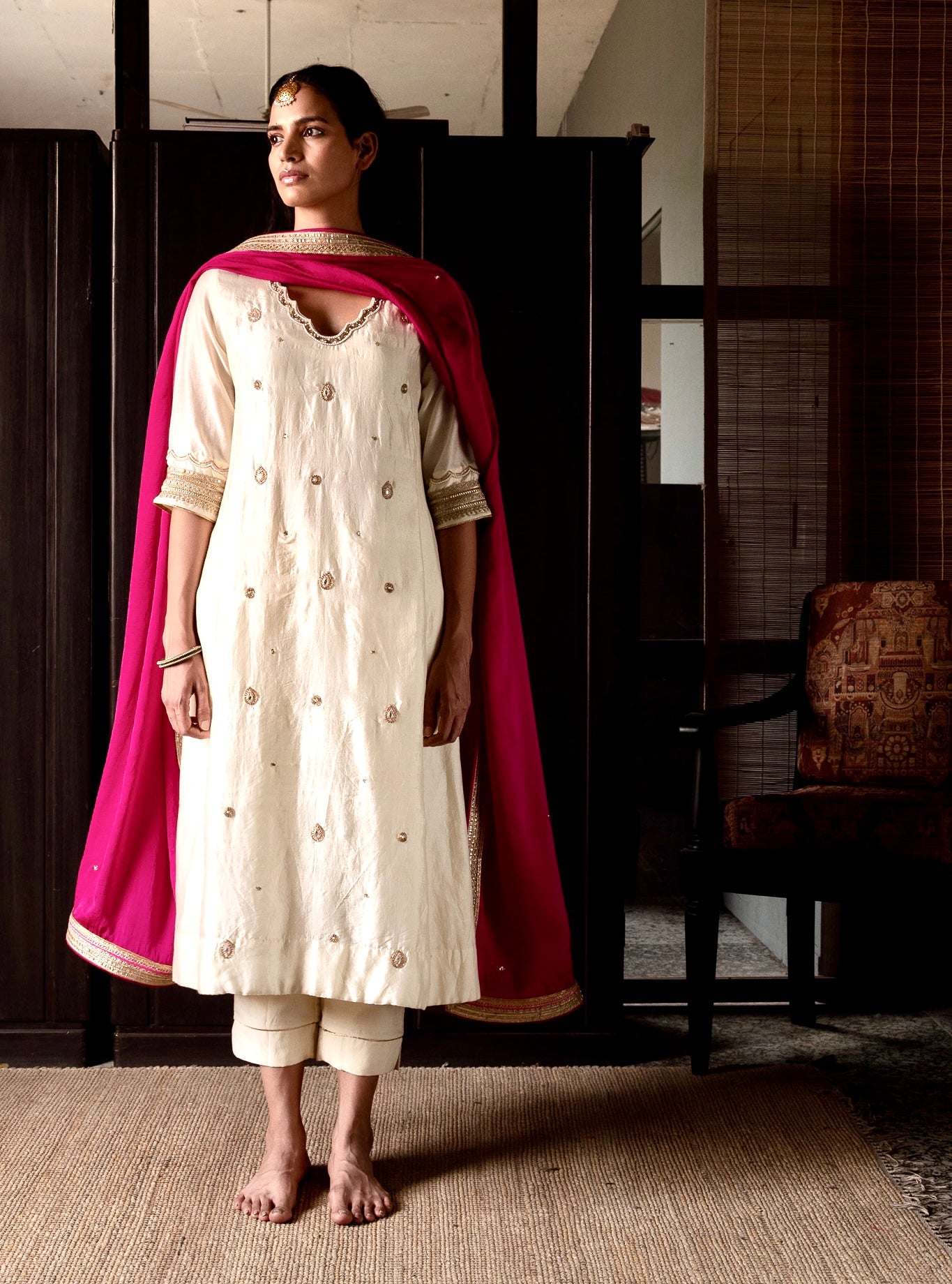 Tannu Kurta in Ivory Handloom Mulberry Silk & Chanderi with  pants
