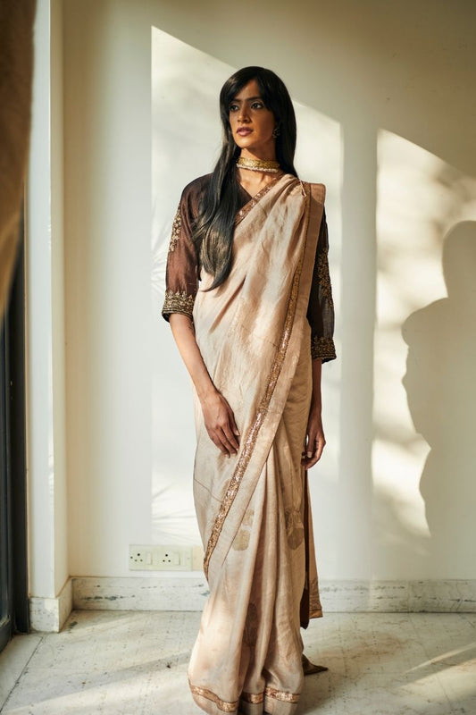 Manju Sari In Printed Warm Chai Beige Mulberry Silk