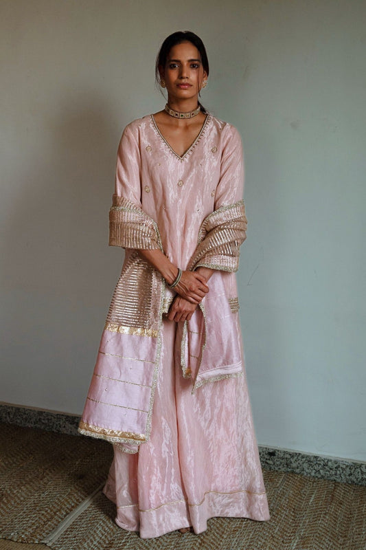Mini V kurta in Ash pink Handloom Tissue with garara