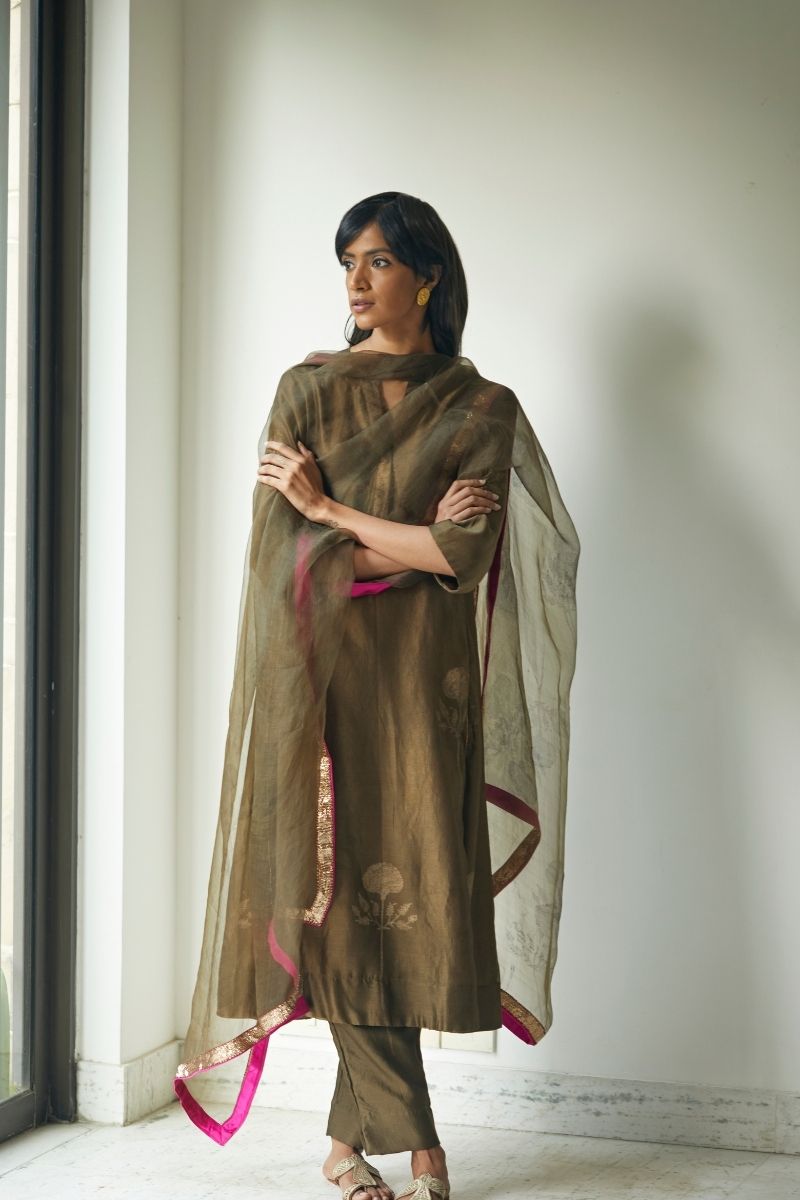 Full size Dupatta In Moss Printed Organza