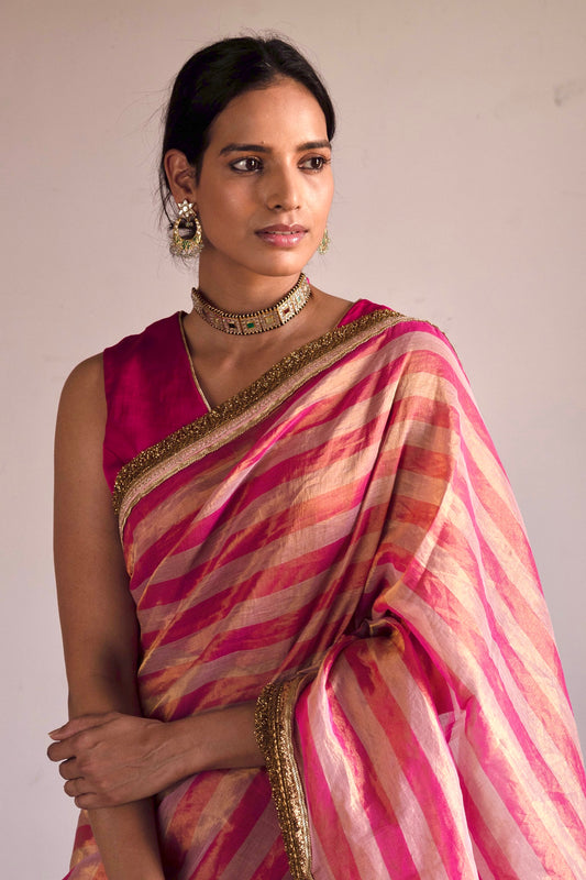 Saree in Pink/gold Handloom Tissue stripes