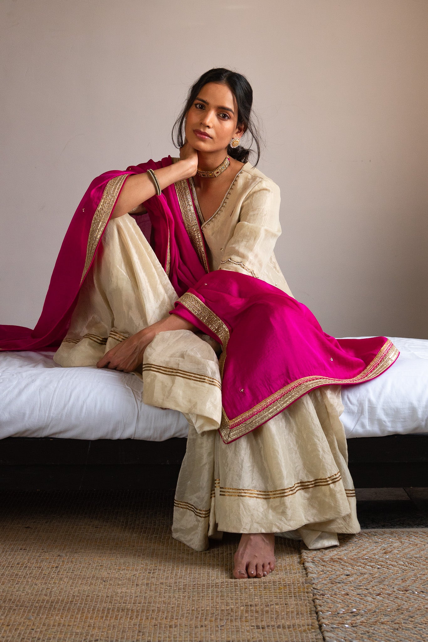 Dupatta in Hot Pink Silk Satin