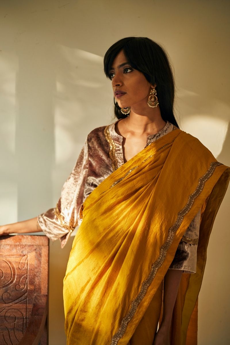 Mini Kurta Blouse In Warm Ecru Velvet