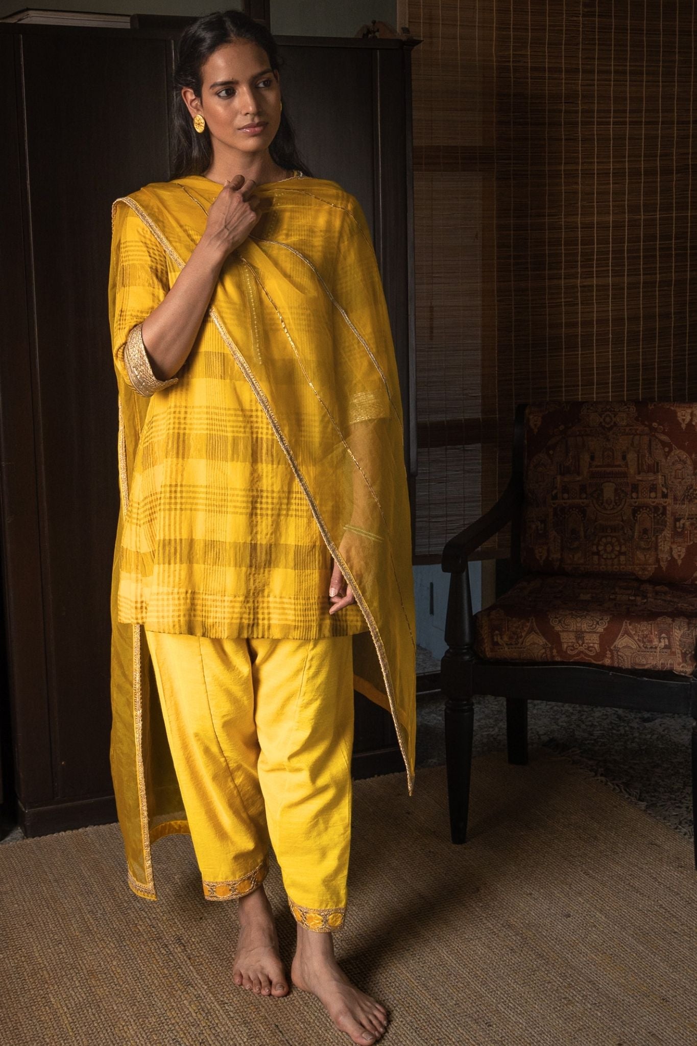 Mini kurta in Yellow Handloom Cotton Zari checks with salwar