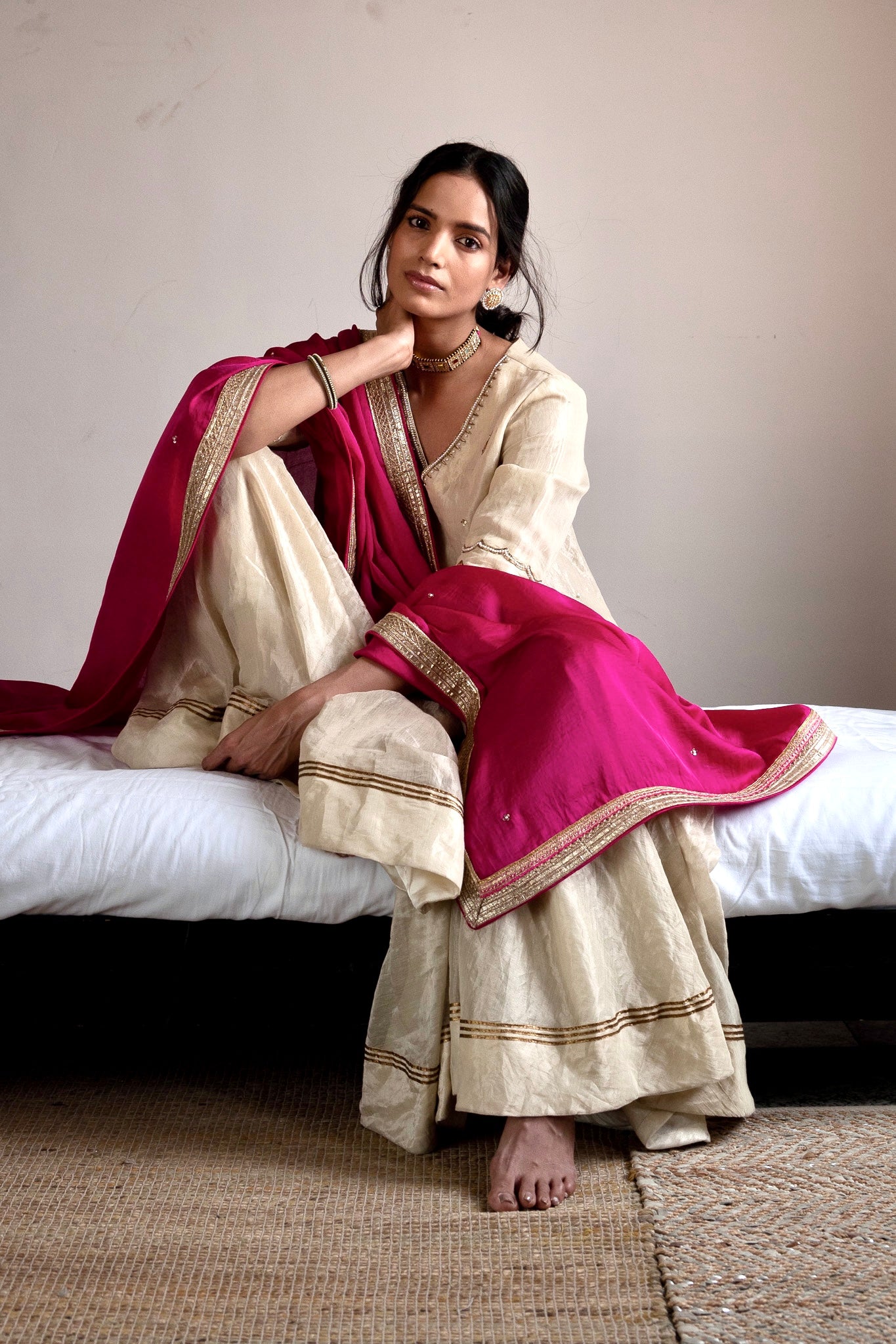 Mini V kurta in Ivory Handloom Tissue with garara