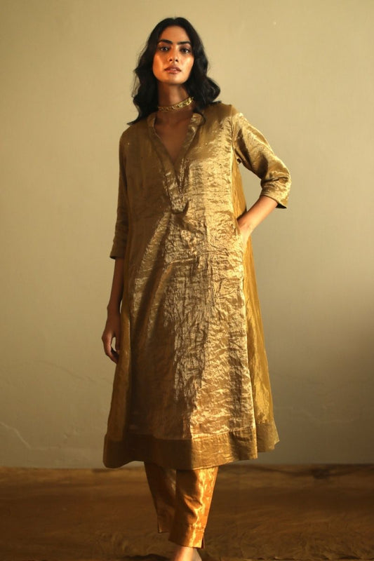 Maxi Kurta In Antique Gold Handloom Tissue With Pant