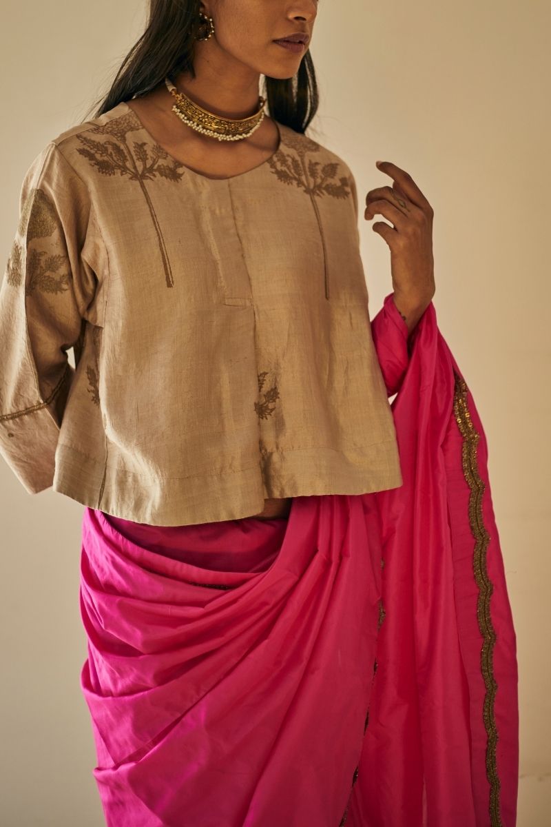 Reshma Blouse In Printed Warm Chai Beige Mulberry Silk