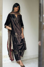 Paras Kurta In Printed Bark Brown Velvet With Shalwar