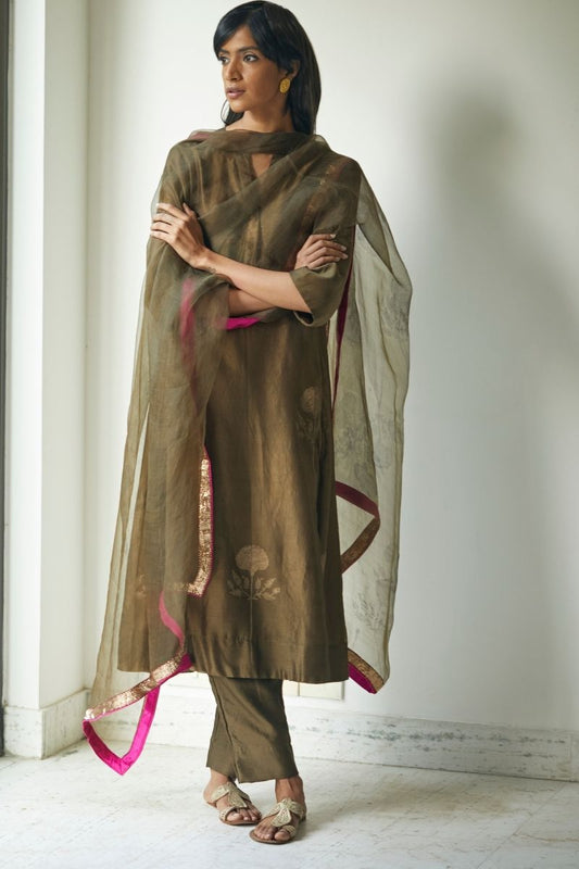 Maxi Kurta In Moss Printed Chanderi With Pants