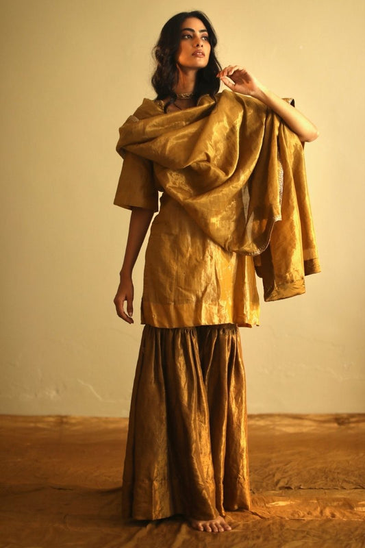 Mini Kurta Ochre Handloom Tissue With Sharara