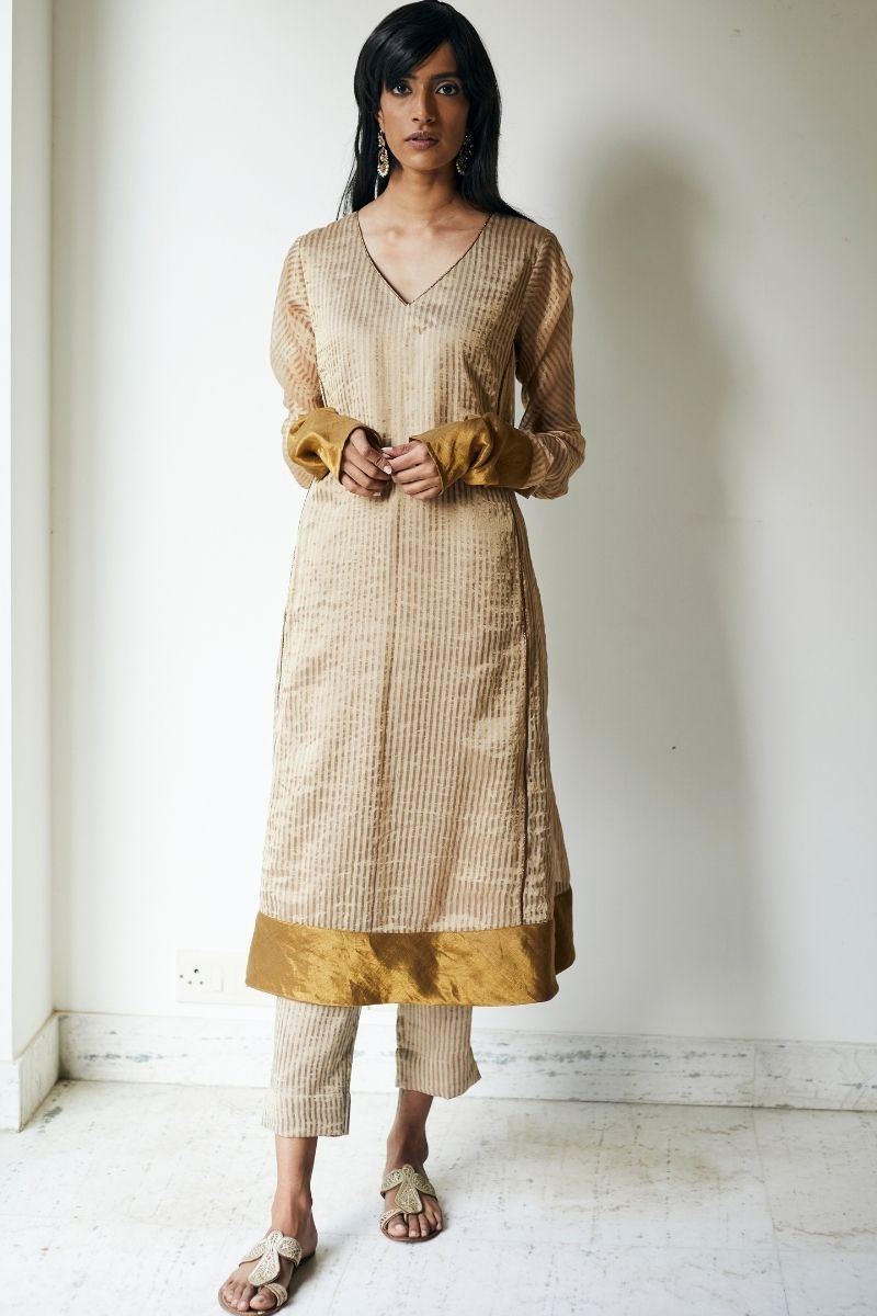 Anu Kurta In Warm Chai Beige Stripe Handloom Tissue With Pants