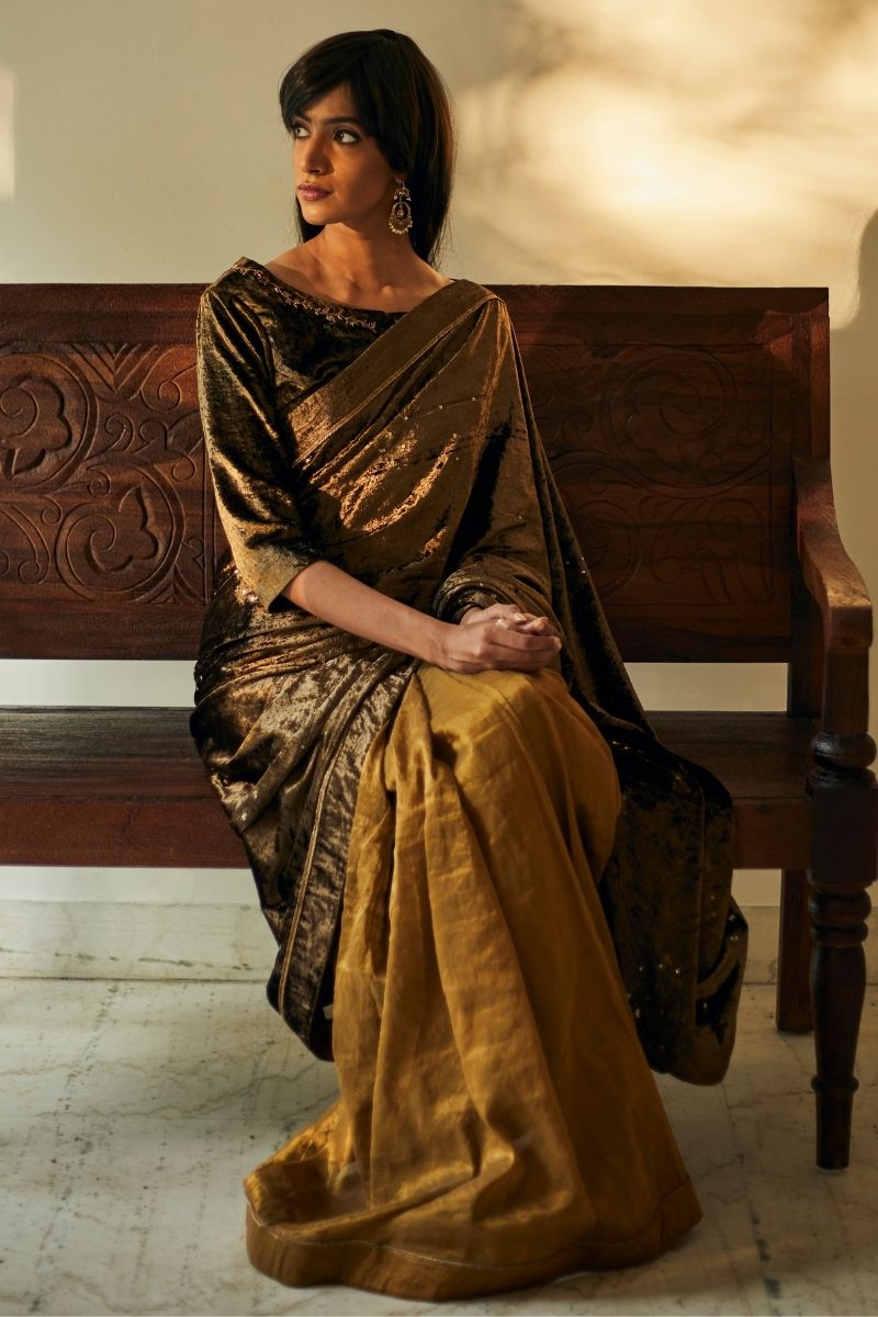 Gayatri Sari In Half Moss Velvet And Half Antique Gold Handloom Tissue