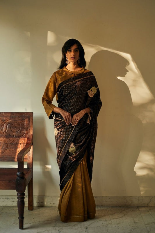 Gayatri Sari In Half Bark Brown Velvet And Half Antique Gold Handloom Tissue