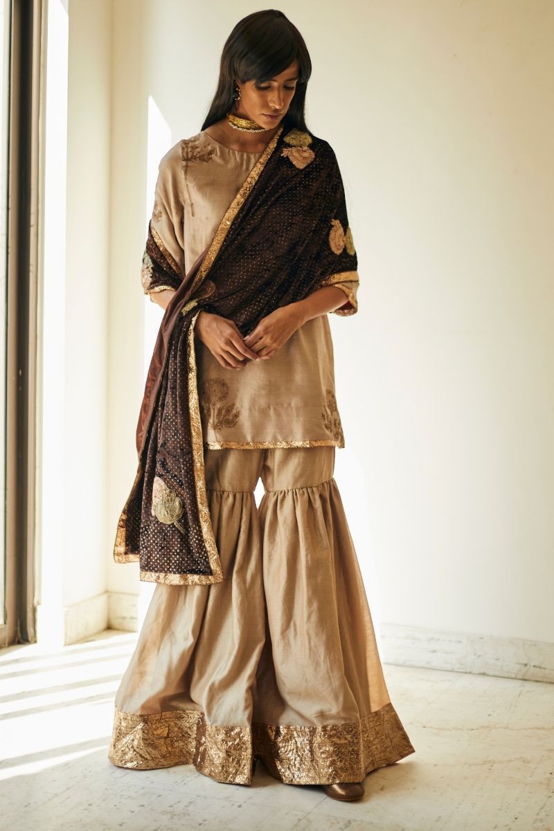 Mini Kurta Warm Chai Beige block Printed Mulberry Silk w Sharara: 1 left!