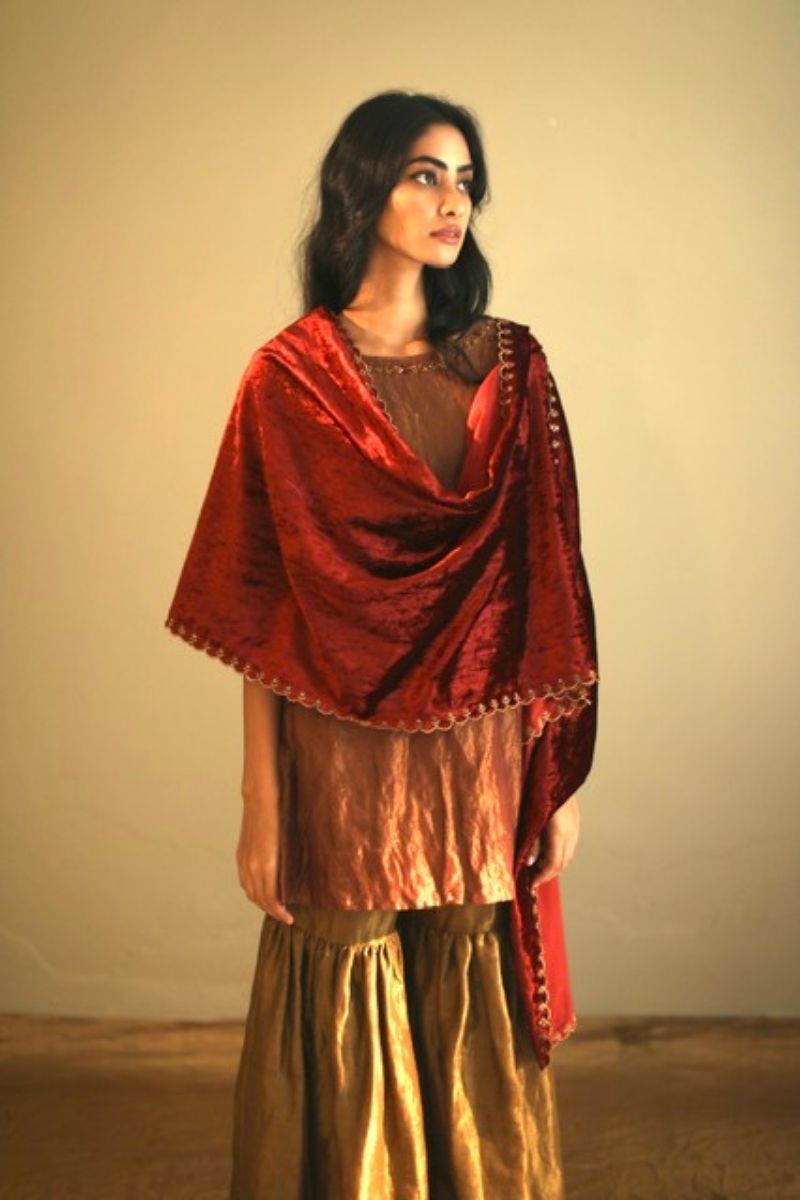 Mini Kurta In Rust Red Handloom Tissue With Sharara