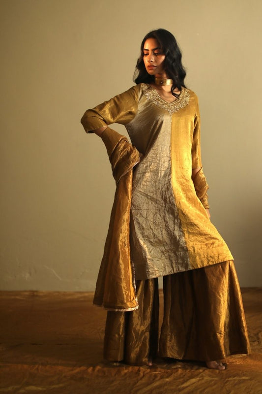 Noor Kurta In Antique Gold Handloom Tissue With Sharara