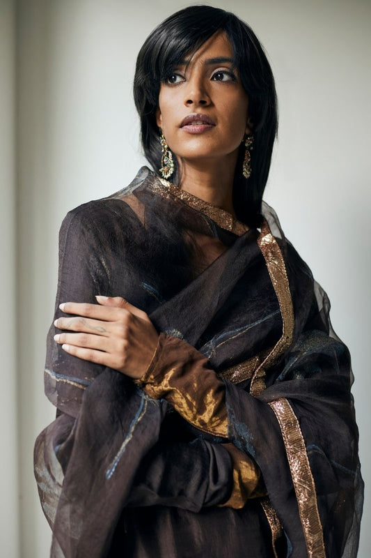Full Size Dupatta In Bark Brown Printed Organza