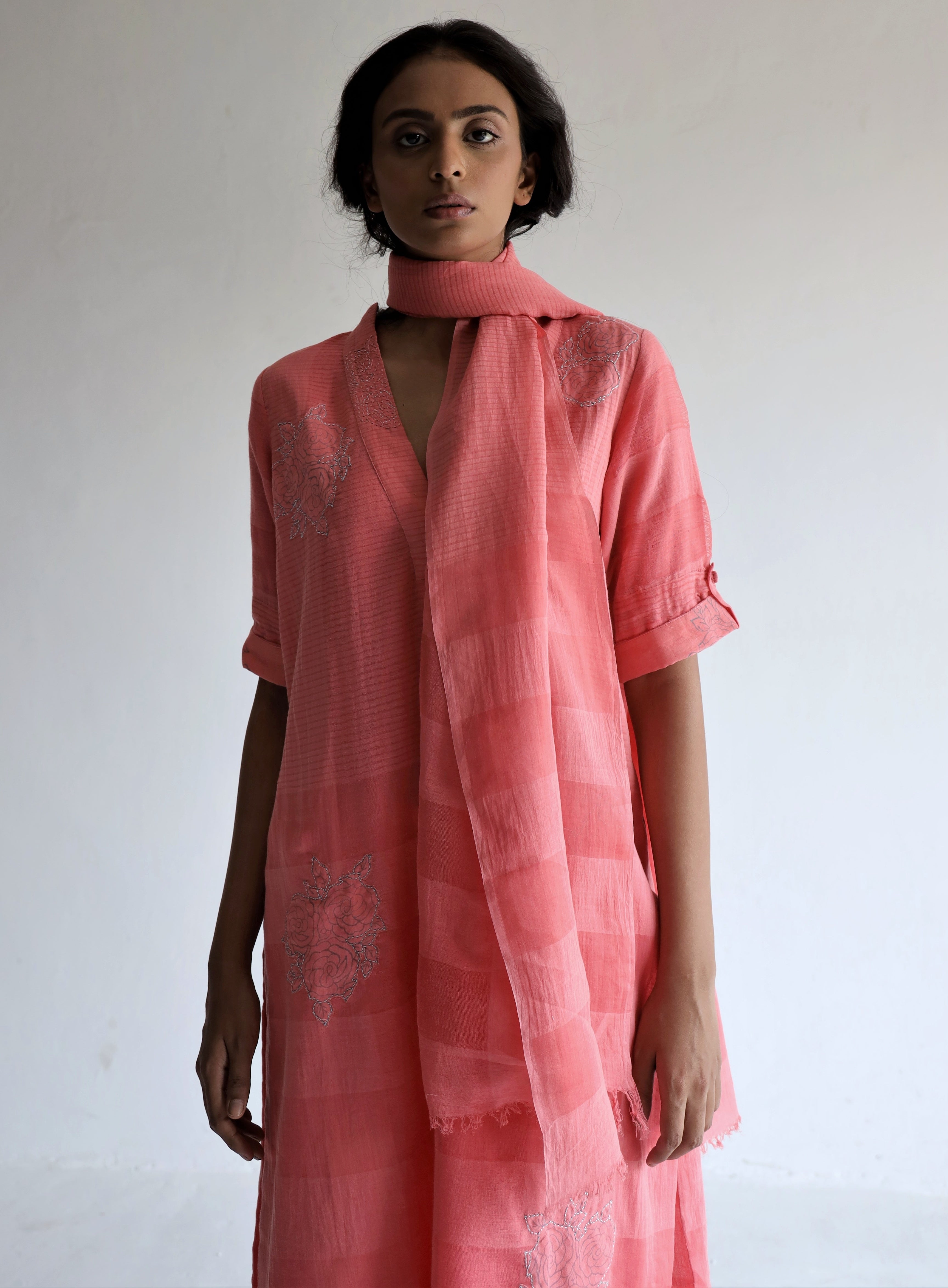 Anu Kurta Patchwork in Watermelon Pink Silk Muslin with Pants