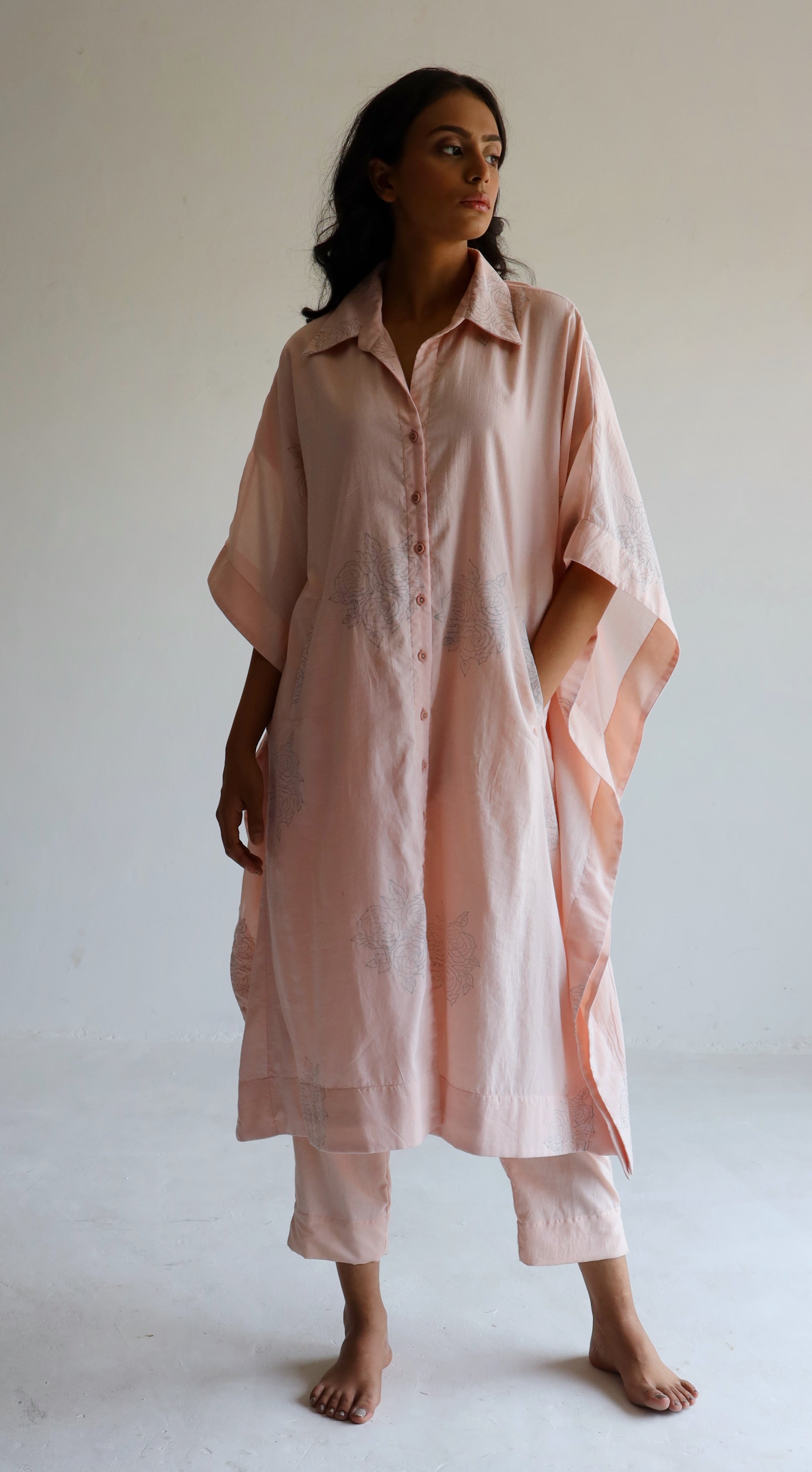 Kaftan Shirt in Gulab Pink Block Print Muslin
