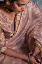 Saree hand embroidered in Ash Pink in Handwoven Chanderi silk  and Tissue pic stripes