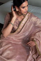 Saree hand embroidered in Ash Pink in Handwoven Chanderi silk  and Tissue pic stripes