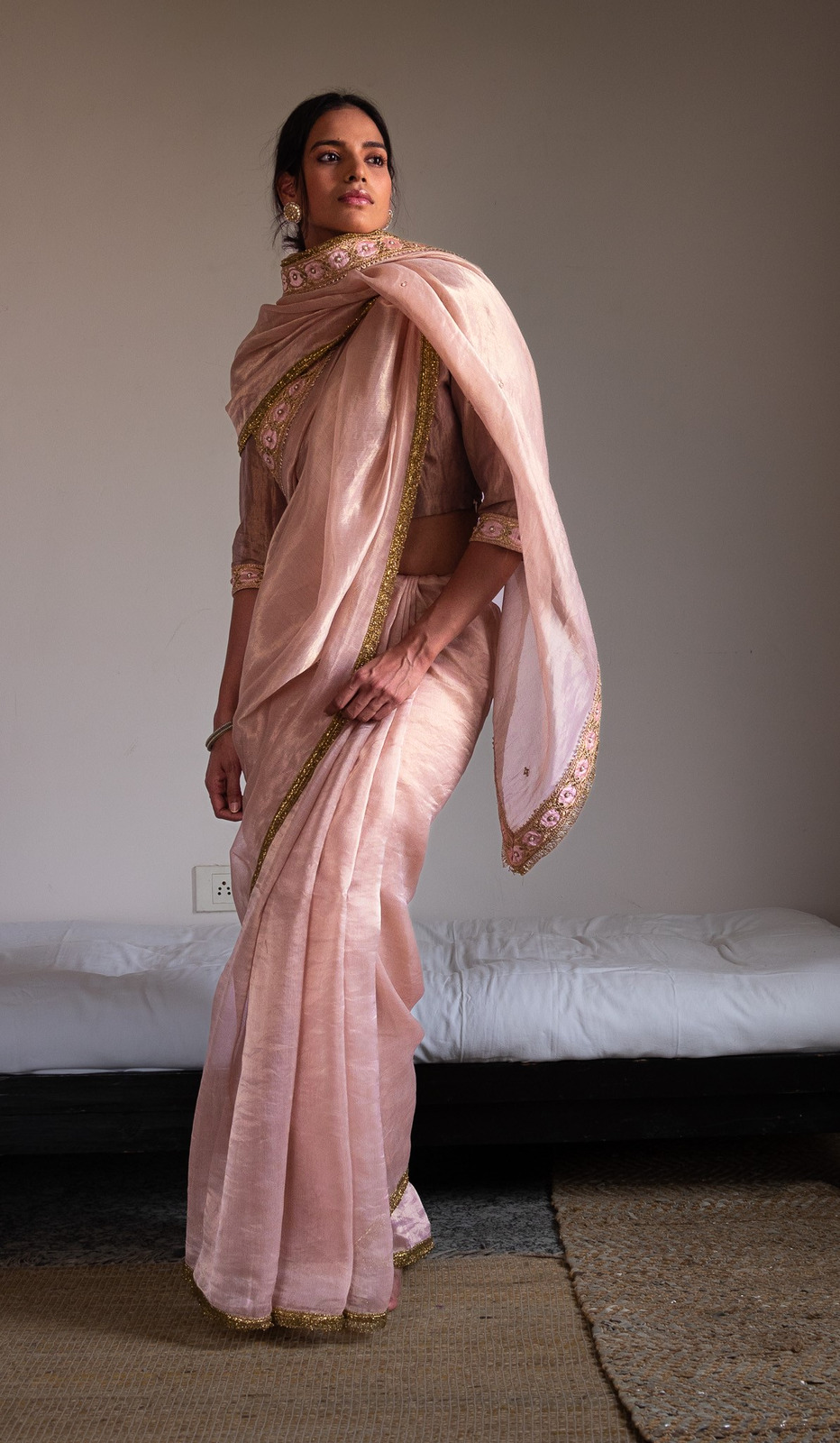 Saree hand embroidered in Ash Pink in Handwoven Chanderi silk  and Tissue pic stripes