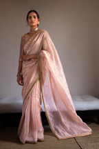 Saree hand embroidered in Ash Pink in Handwoven Chanderi silk  and Tissue pic stripes
